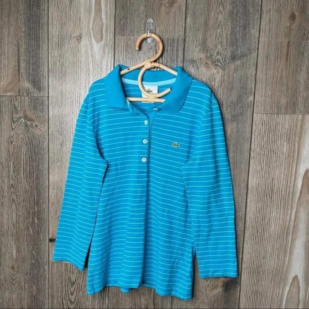 SOLD Lacoste polo shirt long sleeve collared golf top turquoise blue 10 - Picture 5 of 13